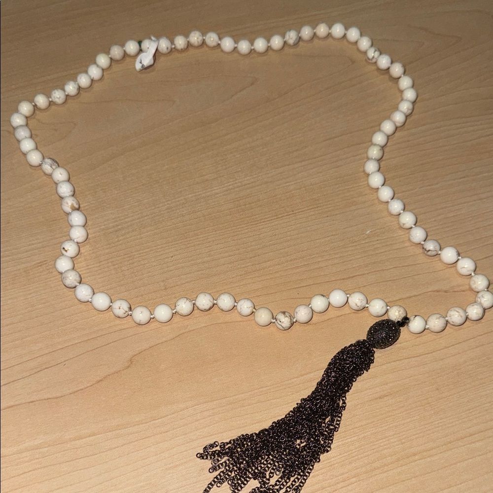 White Beaded Tassle Necklace White Stone VINTAGE Hand Beaded Black Tassle